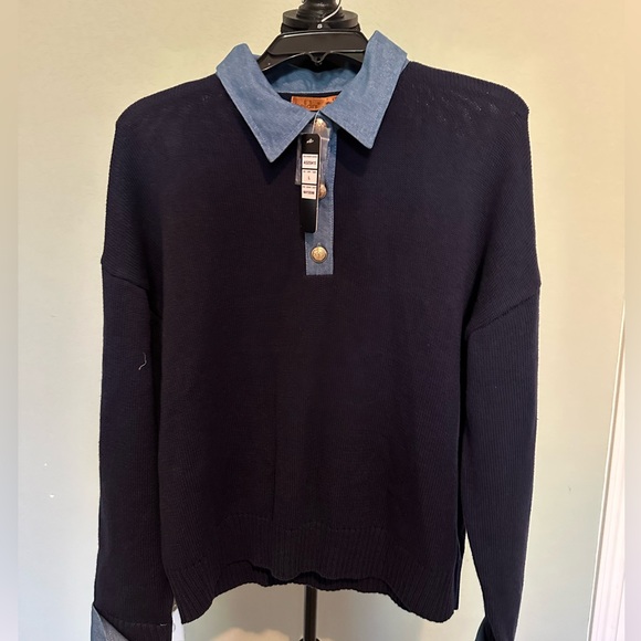 Belldini Long Sleeve Collar Denim Sweater Navy Men's/Women. Size Large. NWT. - Picture 2 of 10